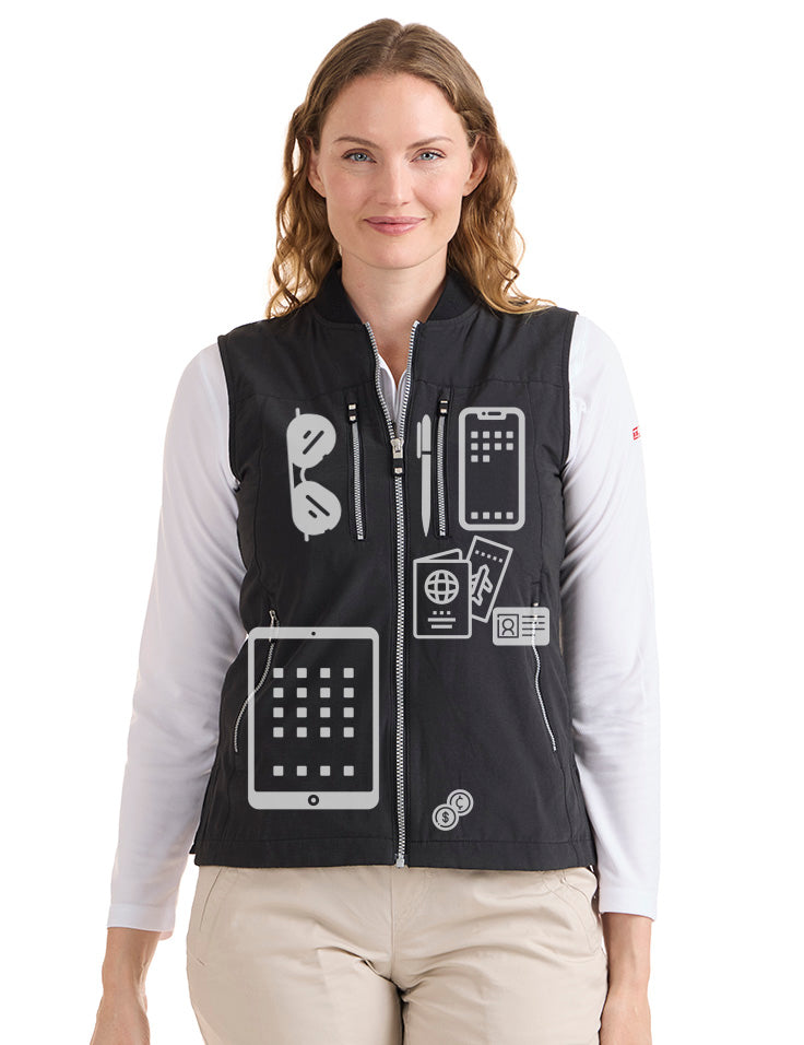 women's travel vest features diagram hidden pockets RFID protection